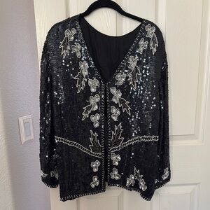 Black sequence jacket with silver sequence and pearl beading